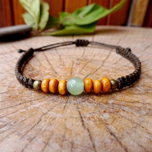 Aventurine and wood Bracelet, Macrame adjustable bracelet Man woman Green stone