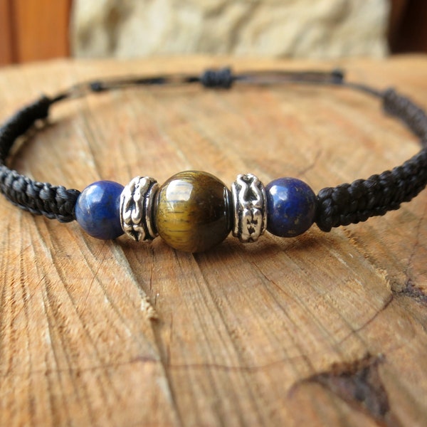 Bracelet homme pierres lapis lazuli et oeil de tigre, bracelet macramé protection, cadeau homme femme