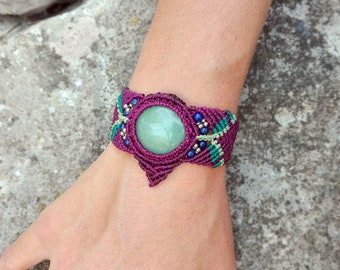 Cuff bohemian macrame bracelet / Aventurine stone colored bracelet