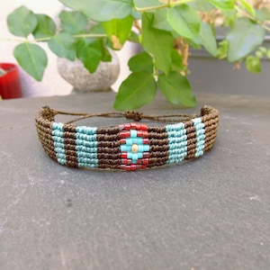 Bracelet brésilien amitié gris Grosse perle ovale bleu turquoise- 21172