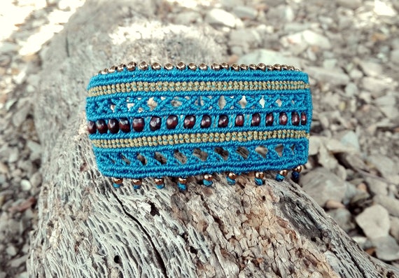Ethnic Blue Cuff Macrame Bracelet Hippy Gipsy Boho 