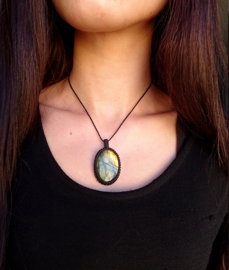 Labradorite stone necklace black macrame pendant