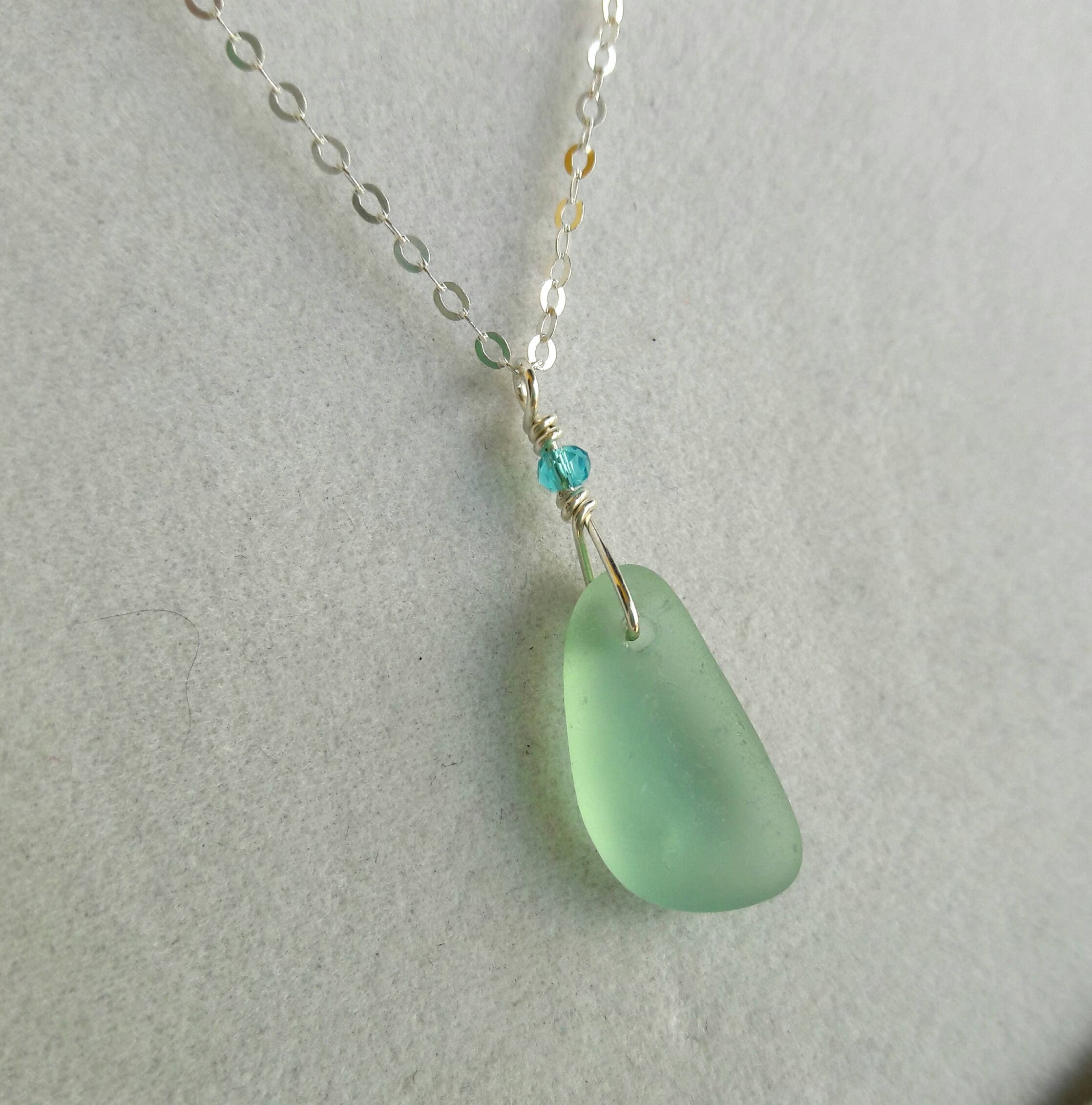 Genuine Aqua Sea Glass Pendant And 925 Sterling Silver Chain