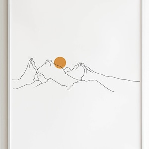 Landscape sun poster, Mountain outline print, Mountains Landscape Line Print, Sun Minimalist art, Minimalist Poster Mountain drawing sun