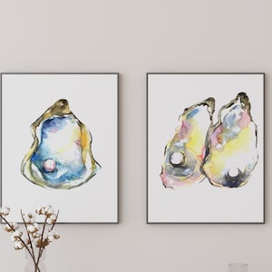 Oysters Print set of Watercolor, oysters set illustration, Oysters Poster, Oysters painting SET of two, coastal wall art