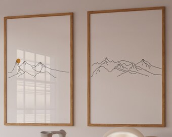 Mountain outline set of 2, Digital set of two prints, Mountain and Sun Line Art, Mountain yellow sun print, Mountains Landscape Line Print