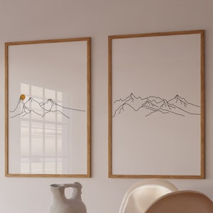 Mountain outline set of 2, Digital set of two prints, Mountain and Sun Line Art, Mountain yellow sun print, Mountains Landscape Line Print