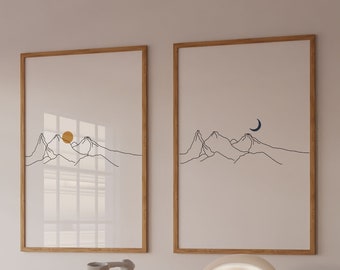 Landscape Set of 2 prints, moon and sun posters, Mountain outline set of 2, Mountains Landscape Line Print, Modern mountain sun wall art
