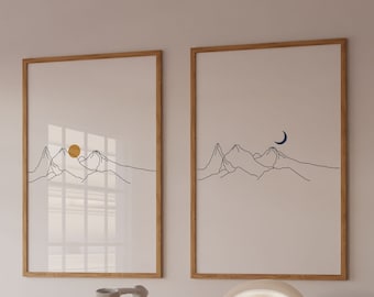 Landscape Set of 2 prints, moon and sun posters, Mountain outline set of 2, Mountains Landscape Line Print, Modern mountain sun wall art