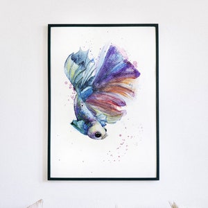 Betta Fish digital watercolor, instant download fish art, Fish printable painting, blue betta fish wall decor, betta painting watercolor image 1