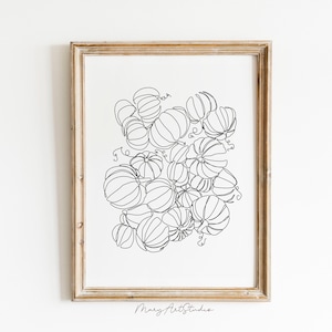 Arte lineal de pared de otoño, póster de calabaza imprimible de otoño, arte digital de pared de cocina, línea abstracta de calabazas, póster de otoño, impresión digital neutra