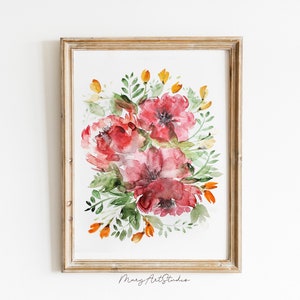 Burgundy Peonies Watercolor Print: Floral Bouquet Illustration (Digital Download)