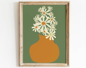 Daisy Floral Art Print: Retro Botanical Flowers in Vase (Digital Download)