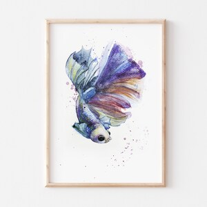 Betta Fish digital watercolor, instant download fish art, Fish printable painting, blue betta fish wall decor, betta painting watercolor image 2