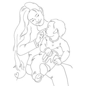 May include: A black and white line drawing of a mother and baby. The mother is smiling and touching the baby's nose. The baby is looking at the mother. The drawing style is simple and elegant, with a heart drawn at the bottom left.
