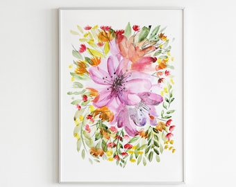 Pink Daisy Watercolor Print: Wildflower Bouquet, Botanical Art (Digital Download)