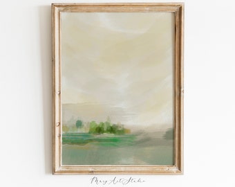 Field Landscape Oil Painting Digital Pastel Oil Painting, Neutral Printable Art, Minimalist Landscape Green Soft Gray drawing Pastel nature