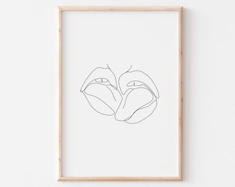 Kiss Poster Line Art, Minimalist tongue Line Printable, Couple Romantic Kissing print, Outline Sketch Poster lesbian, Line Digital sexy kiss