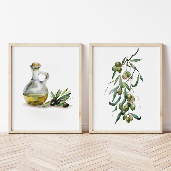 Set of 2 Olive Watercolor Printable Wall Decor Olive Branch Watercolor Olive Leaf Herb Print a bottle of olive oil Printable Plant Art Gift