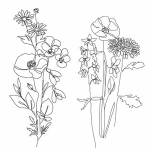 Geburtsblumen Line Art, Digitale Familie Blumenstrauß Line Art, Tattoo One line Auftragsarbeit, Benutzerdefinierte Geburtsmonat Blume Minimalistisches Linientattoo