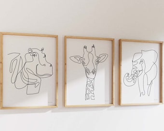 One line Safari Animals Printable Set Of 3 digital Wall Art hippopotamus print elephant printable giraffe digital print animals line art