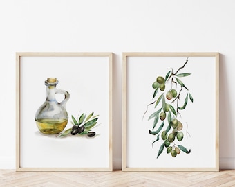 Set of 2 Olive Watercolor Printable Wall Decor Olive Branch Watercolor Olive Leaf Herb Print a bottle of olive oil Printable Plant Art Gift