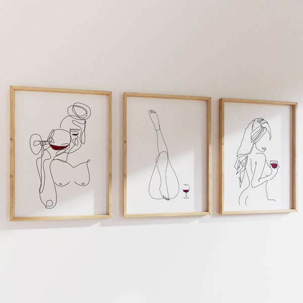 Wine Line Printable SET of 3 Woman body print lady figure Female abstract modern gallery wall sexy Wine Lover Art Legs Print Naked Back Nude