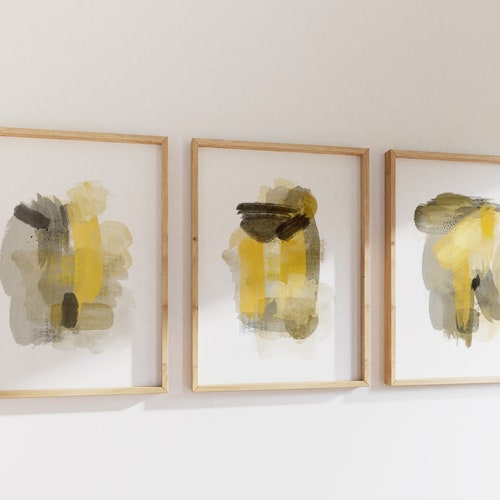 Mustard Yellow Gray Abstract Painting Set of 3 Prints Abstract Etsy