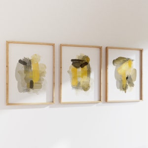 Juego de 3 carteles coloridos con pinceladas abstractas, juego de tres, impresiones en amarillo y gris, impresiones de arte de pared en mostaza, carteles abstractos en colores pastel