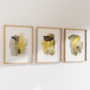 Set of 3 Colorful Print Abstract Brush Stroke Posters Set Of Three, Prints Yellow and gray, Mustard Wall Art Prints, pastel abstract posters