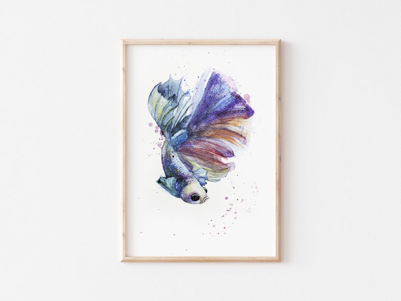 Betta Fish digital watercolor, instant download fish art, Fish printable painting, blue betta fish wall decor, betta painting watercolor image 2