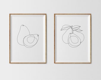 Avocado Print Poster Set, Avocados simple line illustration, minimalist kitchen wall art, Botanical one line illustration, food simple line