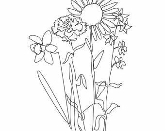 May include: A black and white line art illustration of a floral bouquet. The drawing features a single continuous line style depicting a daffodil, a carnation, a daisy, and a cluster of small bell-shaped flowers with stems and leaves.