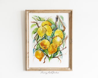 Lemon Tree Watercolor Painting DIGITAL artwork Citrus Lemon Branch Watercolour Dining Room Kitchen Wall Decor Botanical Poster Vintage