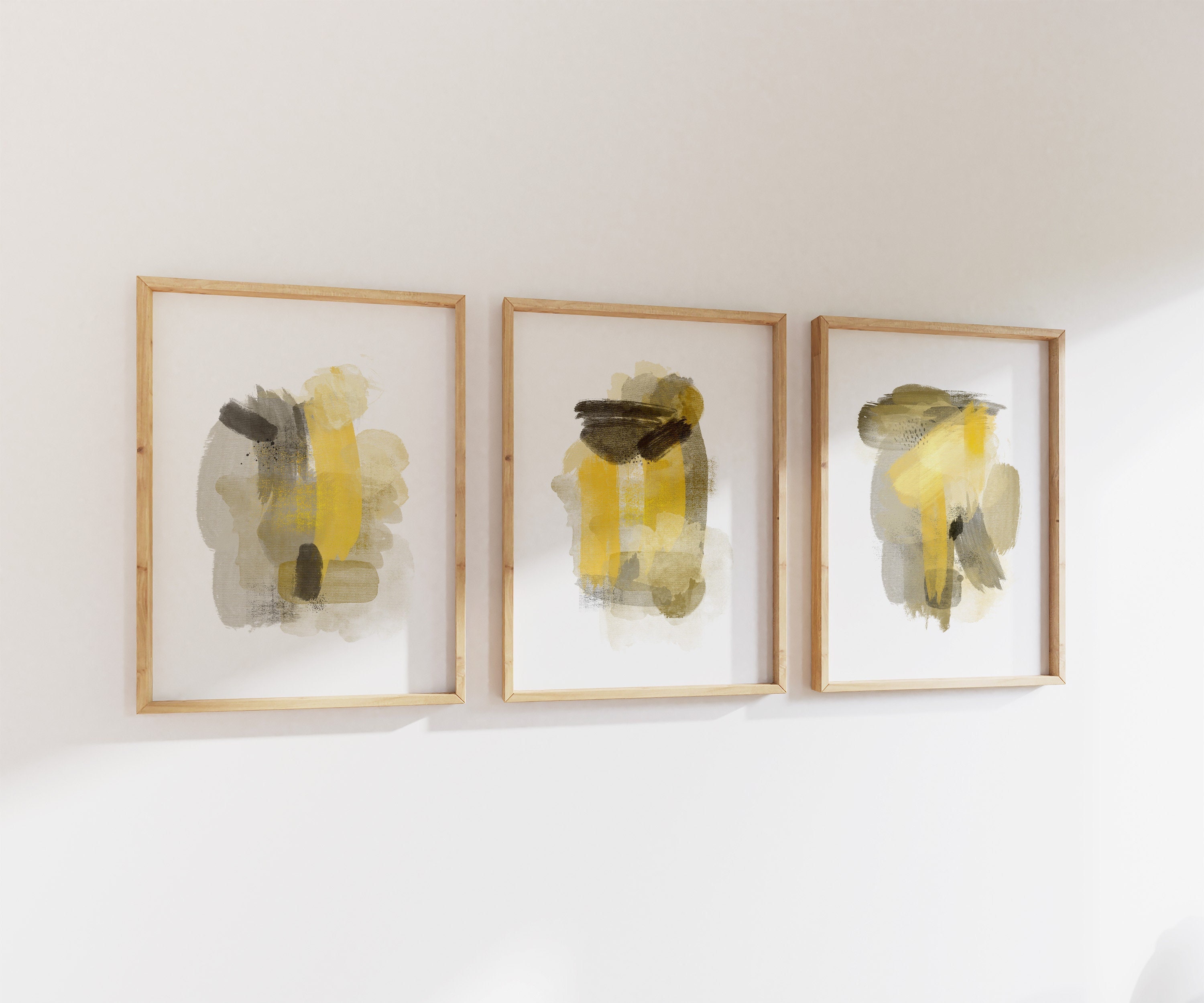 Set of 3 Colorful Print Abstract Brush Stroke Posters Set Of Three, Prints Yellow and gray, Mustard Wall Art Prints, pastel abstract posters