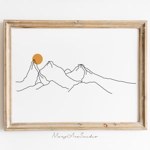 Mountain Wall Art, Landscape sun poster, Mountain outline, Landscape Line Print, Sun Minimalist art, Minimalist Poster Mountain drawing sun