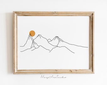 Mountain Wall Art, Landscape sun poster, Mountain outline, Landscape Line Print, Sun Minimalist art, Minimalist Poster Mountain drawing sun