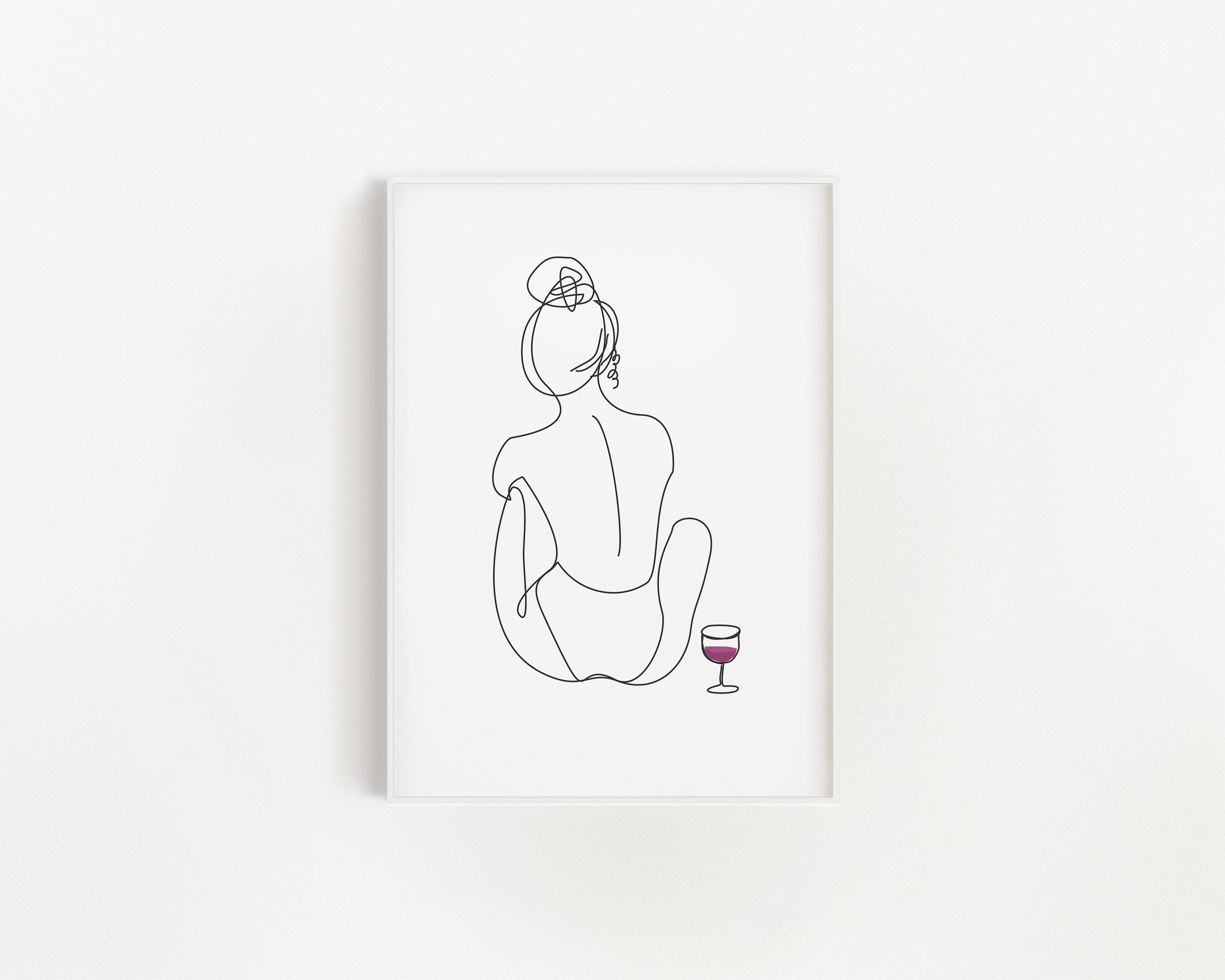 Girl with wine glass printable line art print Nude Woman Line body art Illustration printable erotic sexy Female Printable Drink Wine nude