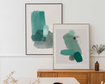 Abstract Modern dark green watercolor Set of 2, Brush Strokes drawing, Abstract shapes printable, Green Boho Decor, Emerald Green Posters