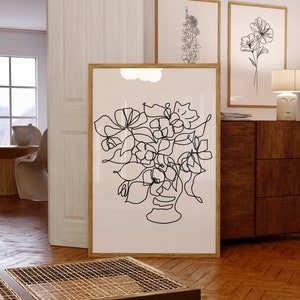 Arte de pared floral de una línea, póster imprimible, contorno de flores botánicas modernas, arte de pared abstracto, flores en jarrón, arte lineal en blanco y negro
