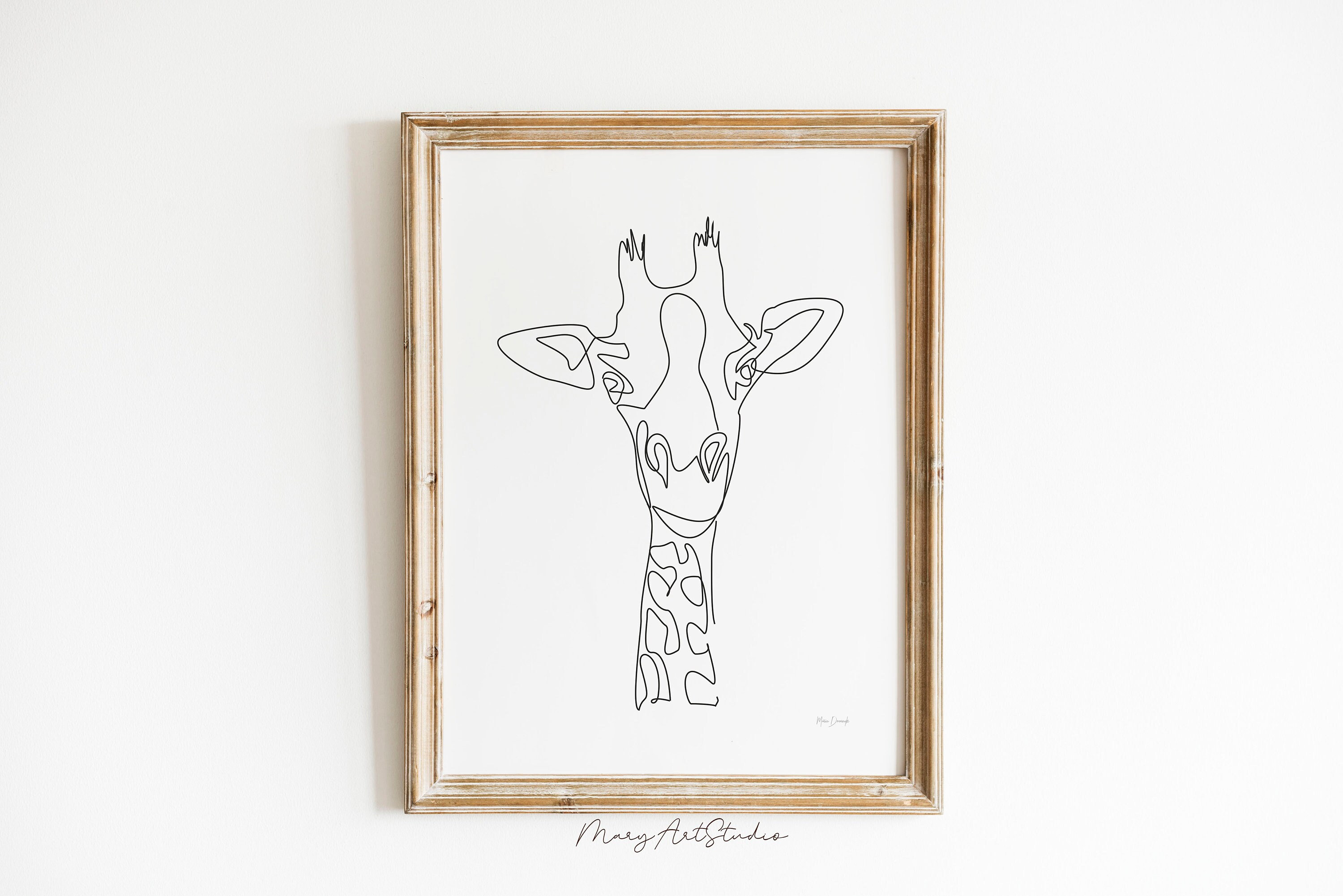 キリンの線画、子供部屋の壁アートの絵、ミニマリストの線画サファリ 