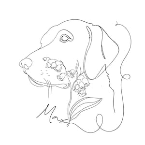Puede incluir: Un dibujo lineal en blanco y negro del perfil de un perro, con un diseño floral y el nombre "Max" en cursiva. Los rasgos del perro están definidos por una línea continua, con flores y hojas incorporadas en el diseño.