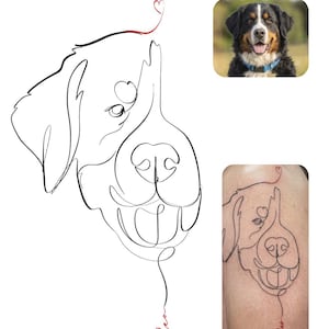 Op de afbeelding: Een doorlopende lijntekening van een Berner Sennenhond-kop met een klein rood hartje boven de kop en de naam Neo in rood cursief schrift onderaan, vergezeld van een referentiefoto van de hond en een voorbeeld van een tatoeage.