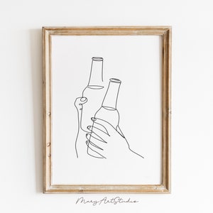 ビールを持つ女性のアートプリント、ビールを持つ手の線画、ビール愛好家のウォールアート、ビールを飲む友人、バーのアートプリント、ビール瓶の線画