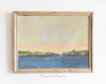 Watercolor Painting Digital File, Downloadable Neutral Print Printable Nature Art, Neutral Land Lake painting, Lake Painting soft colors