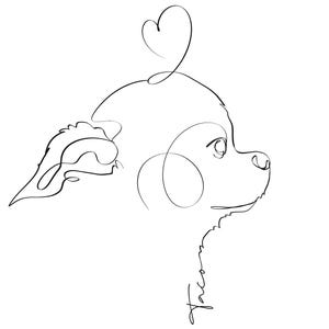May include: A minimalist black line drawing of a Chihuahua dog in profile, with a heart-shaped flourish above its head. The dog's ear, eye, and snout are clearly defined. The artist's signature is in cursive script below the dog's chin.