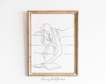 Kvinna som läser en bok Line Art Print: Minimalistisk silhuett (digital nedladdning)