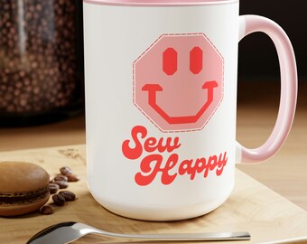 Sew Happy mug, Quilt coffee mug, Smiley Face mug, Quilt Block mug, Quilters gift, Sewing mug, Gift for Mom, Happy Face mug, Gift for Quilter