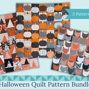 Op de afbeelding: Drie Halloween quiltpatronen worden getoond, met pompoen-, katten- en heksenhoedontwerpen. De quilts gebruiken oranje, zwarte, witte en grijze stoffen. De tekst "3 Patterns in 1" en "Halloween Quilt Pattern Bundle" is ook zichtbaar.