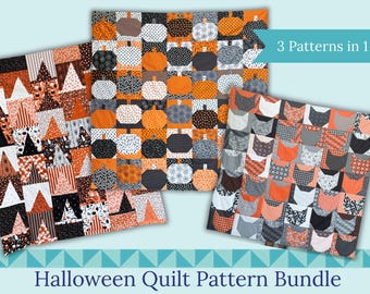 Halloween Quilt Pattern Bundle: Cat, Pumpkin, Witch Hat(PDF Pattern)